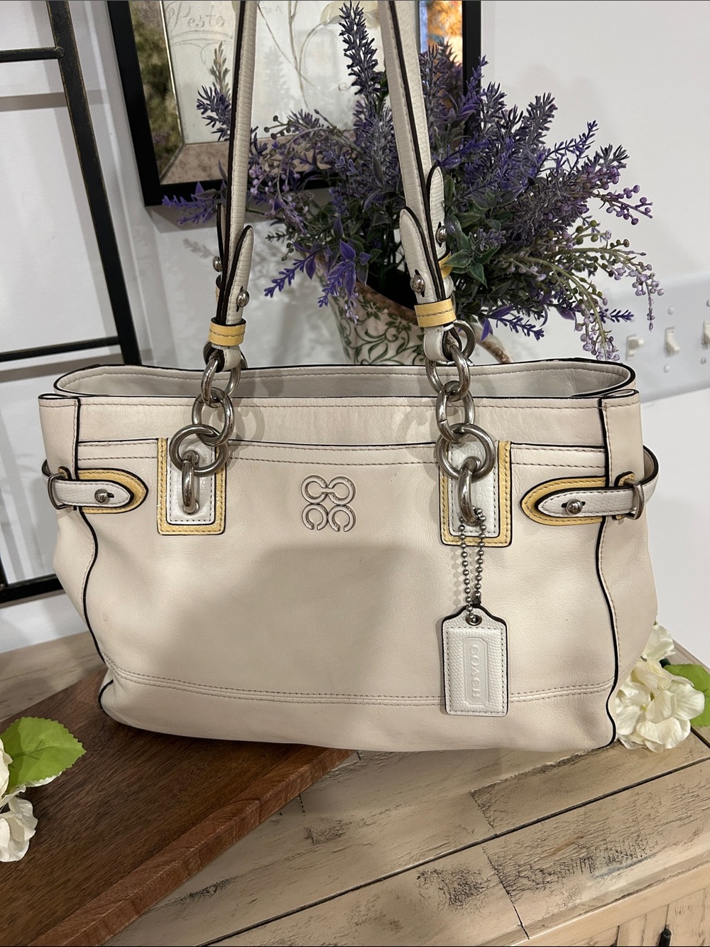 Coach Cream Leather Shoulder Tote with Yellow Accents